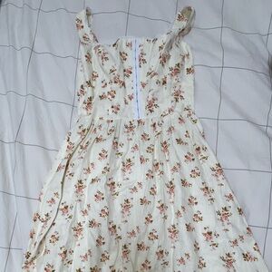 Reformation Tagliatelle linen midi dress • beige & pink floral pattern, size 8
